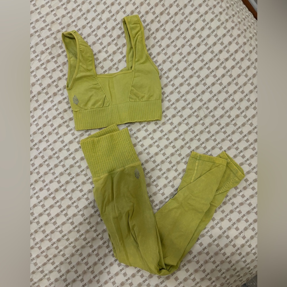 Good Karma Free People Movement Workout Set in Neon Lime Yellow Color